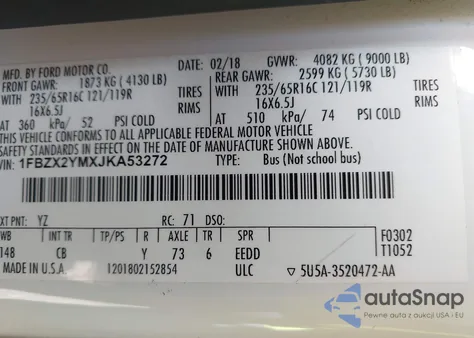 2018 Ford Transit-350 Xlt z USA, uszkodzony, nr VIN 1FBZX2YMXJKA53272